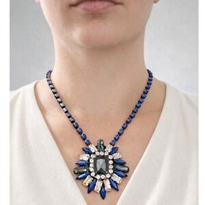 T+J Designs Cobalt Blue Flower Brooch Statement 18" Necklace Silver Tone *NEW*